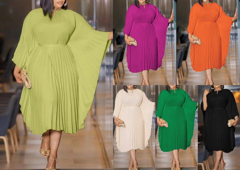 Pleated midi dresses in multiple colors with gathered neckline and long flared sleeves.