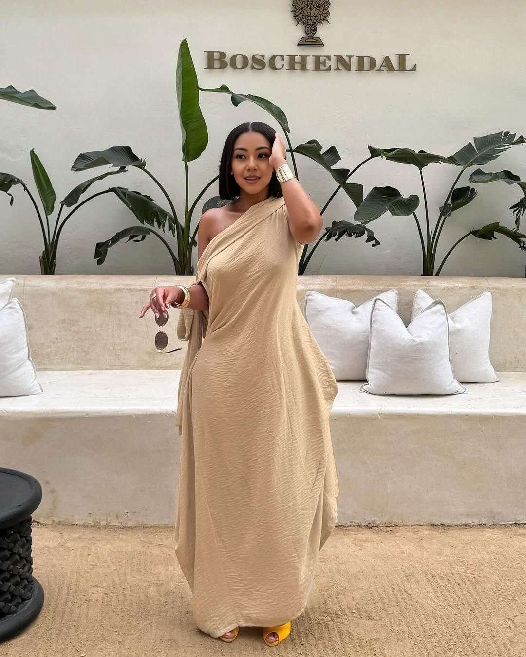 Beige one-shoulder maxi dress, layered loose fit with draped skirt