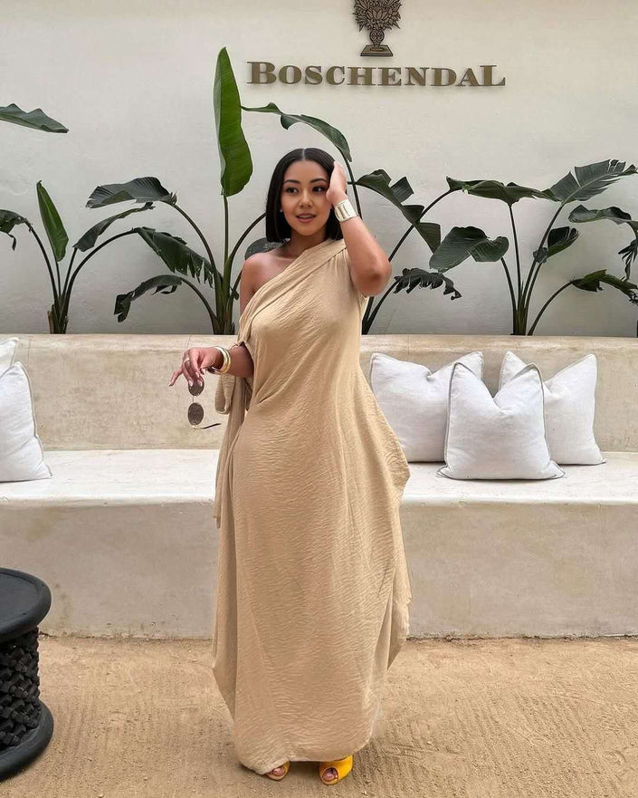 Beige one-shoulder maxi dress, layered loose fit with draped skirt