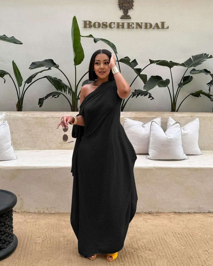 Black one-shoulder maxi dress, layered loose fit with draped skirt