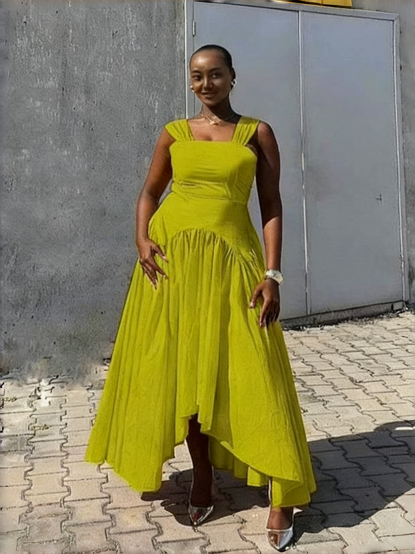 Lime yellow pleated high-low dress with square neckline and sleeveless asymmetric skirt