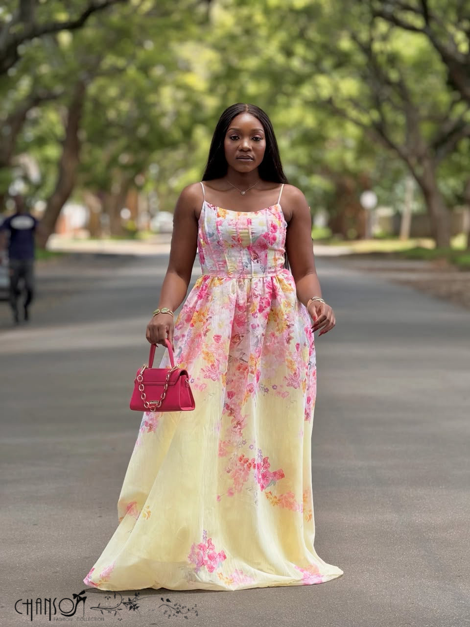Floral spaghetti-strap maxi dress, pink and yellow, scoop neckline and flowing skirt