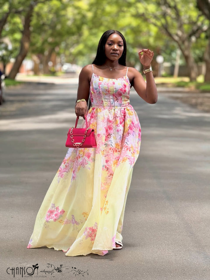 Floral spaghetti-strap maxi dress, pink and yellow, gathered waist