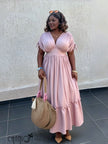 Gathered-waist maxi dress with V-neck and tiered ruffle hem, short sleeve, light pink