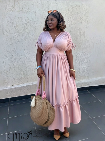 Gathered-waist maxi dress with V-neck and tiered ruffle hem, short sleeve, light pink