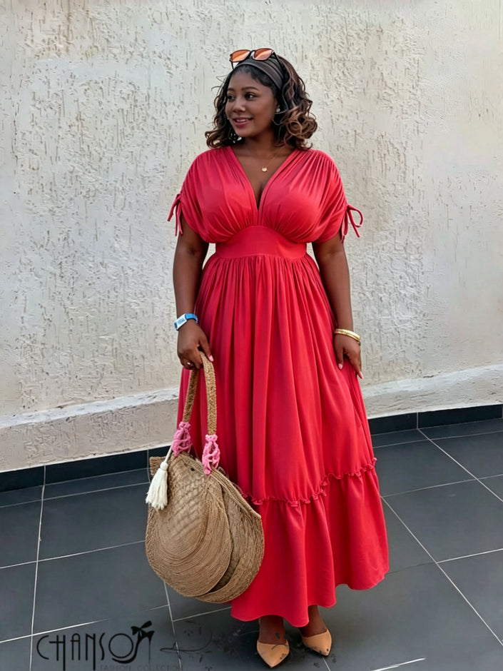 Gathered-waist maxi dress with V-neck and tiered ruffle hem, short sleeve, red
