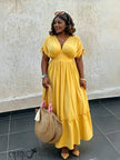 Gathered-waist maxi dress with V-neck and tiered ruffle hem, short sleeve, yellow