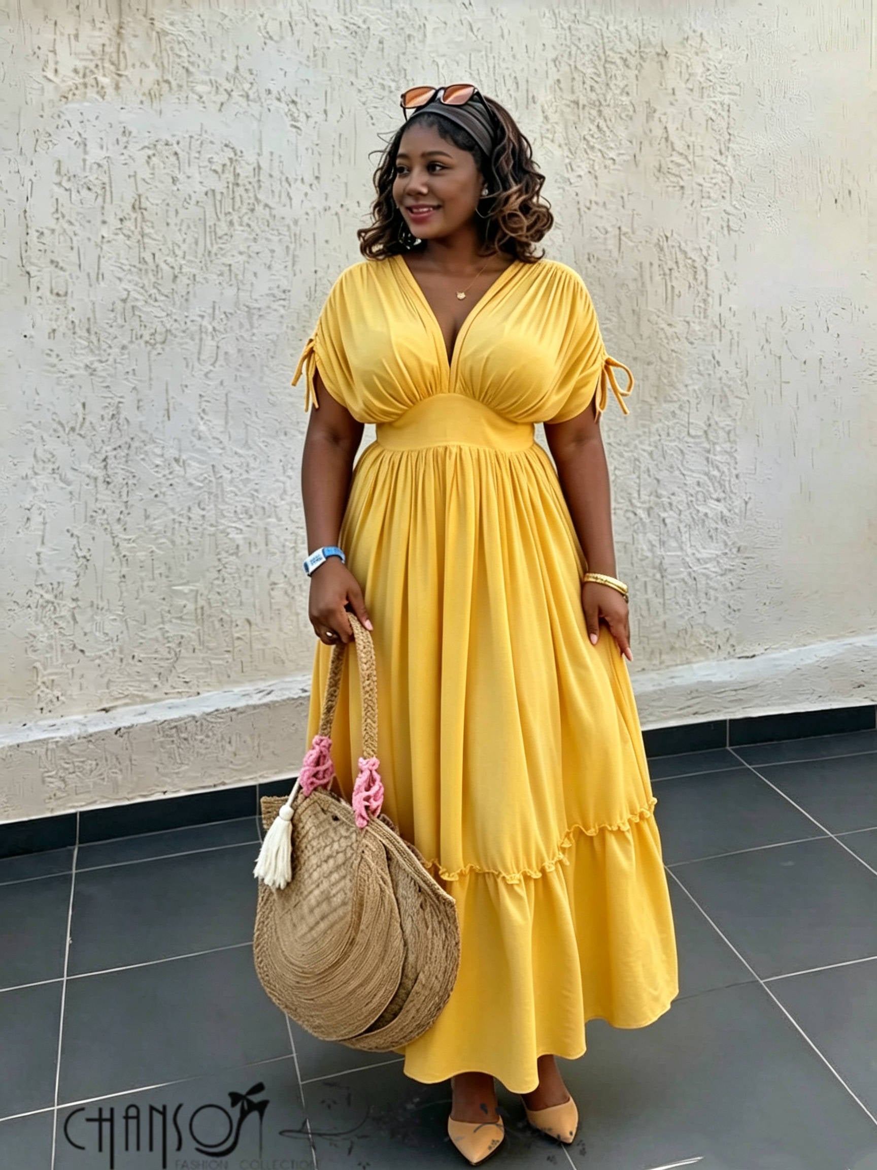Gathered-waist maxi dress with V-neck and tiered ruffle hem, short sleeve, yellow