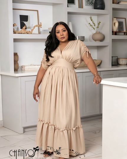 Gathered-waist maxi dress with V-neck and tiered ruffle hem, short sleeve, beige