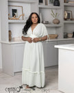 Gathered-waist maxi dress with V-neck and tiered ruffle hem, short sleeve, white