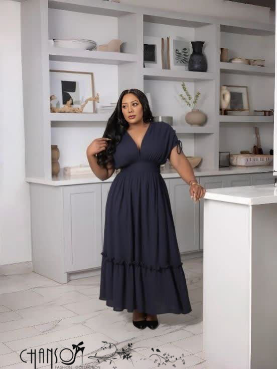 Gathered-waist maxi dress with V-neck and tiered ruffle hem, short sleeve, dark color