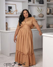Gathered-waist maxi dress with V-neck and tiered ruffle hem, short sleeve, tan/brown