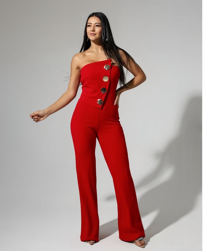 Red strapless jumpsuit with fitted waist and silver button front, wide-leg