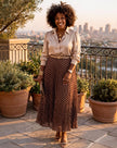 Women's brown polka dot pleated midi skirt