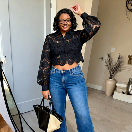 Black lace long-sleeve crop top with button front and scalloped collar