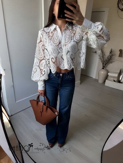 White lace long-sleeve crop top with button front and ornate collar