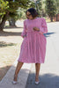Purple striped puff-sleeve dress with gathered waist and knee-length skirt