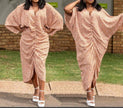Beige geometric draped wrap dress with V-neck and gathered waist
