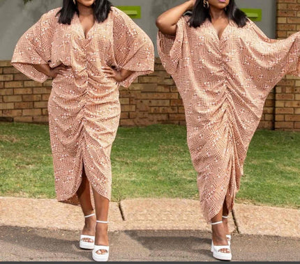 Beige geometric draped wrap dress with V-neck and gathered waist