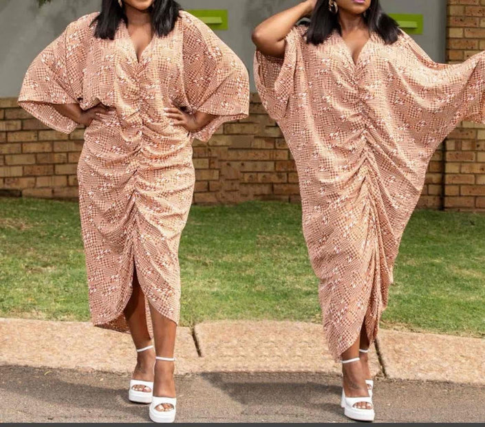 Beige geometric draped wrap dress with V-neck and gathered waist