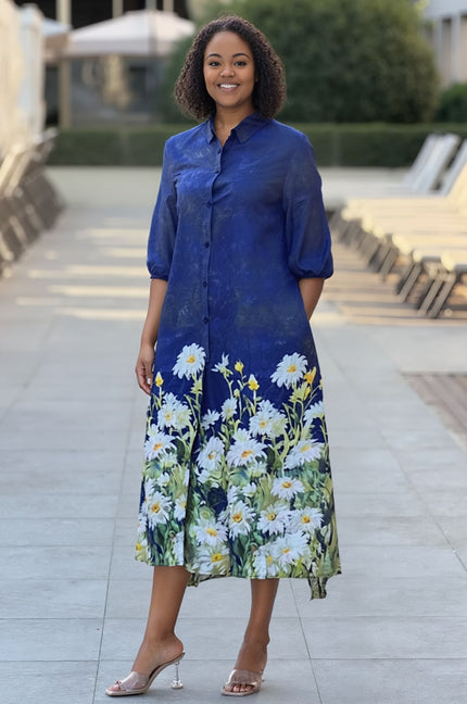 Button-Down Maxi Shirt Dress with Daisy Print Hem and Artistic Panel Design