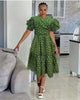 Green printed midi dress with ruffle sleeves V-neck and pleated skirt