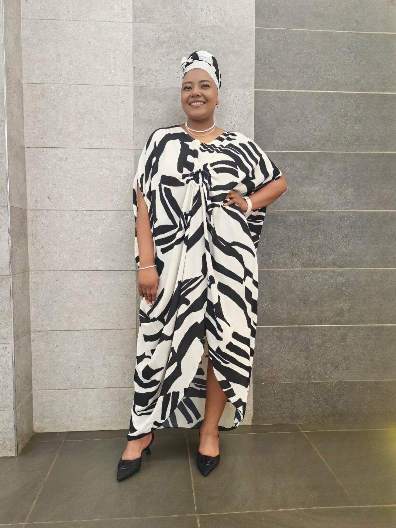 Plus size pleated dress, zebra geometric print, gathered neckline, short sleeves