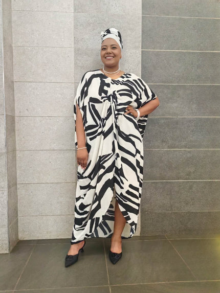Plus size pleated dress, zebra geometric print, gathered neckline, short sleeves