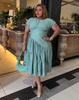 Baby-blue tiered midi dress with ruching at stretch waist, short sleeves