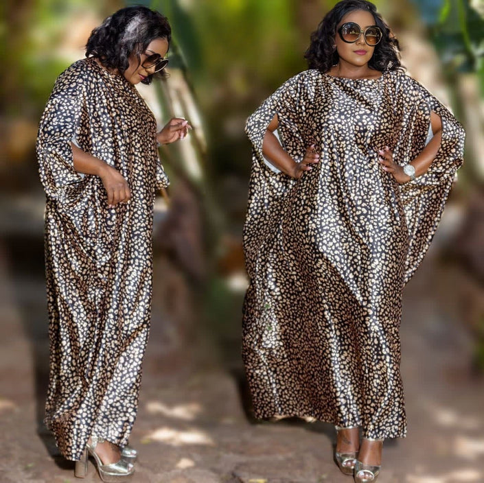 Kaftan plus dress with long batwing sleeves and allover white-on-dark dot print