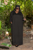 Black loose-fit maxi dress with V-neck and wide elbow-length sleeves