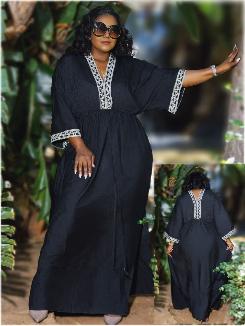 Black loose-fit maxi dress with embroidered V neckline and trim cuffs