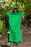 Green loose-fit maxi dress with V-neck and wide elbow-length sleeves