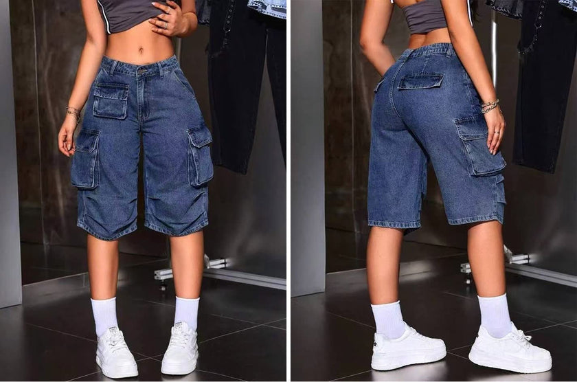 Denim blue cargo skirt with patch pockets, mid-thigh