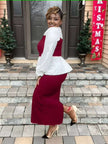 Contrast blouse and ribbed midi skirt set: white peplum top with maroon skirt