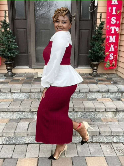 Contrast blouse & ribbed midi skirt, white/mahogany red, flared peplum at hem
