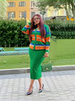 Knitted Two-Piece Women's Outfit - Geometric Pattern Cardigan and High-Waisted Long Skirt Set