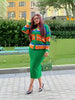 Knitted Two-Piece Women's Outfit - Geometric Pattern Cardigan and High-Waisted Long Skirt Set