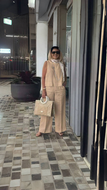 Loose Sleeveless Top and High-Waisted Wide-Leg Pants Two-Piece Set, Simple Solid Design