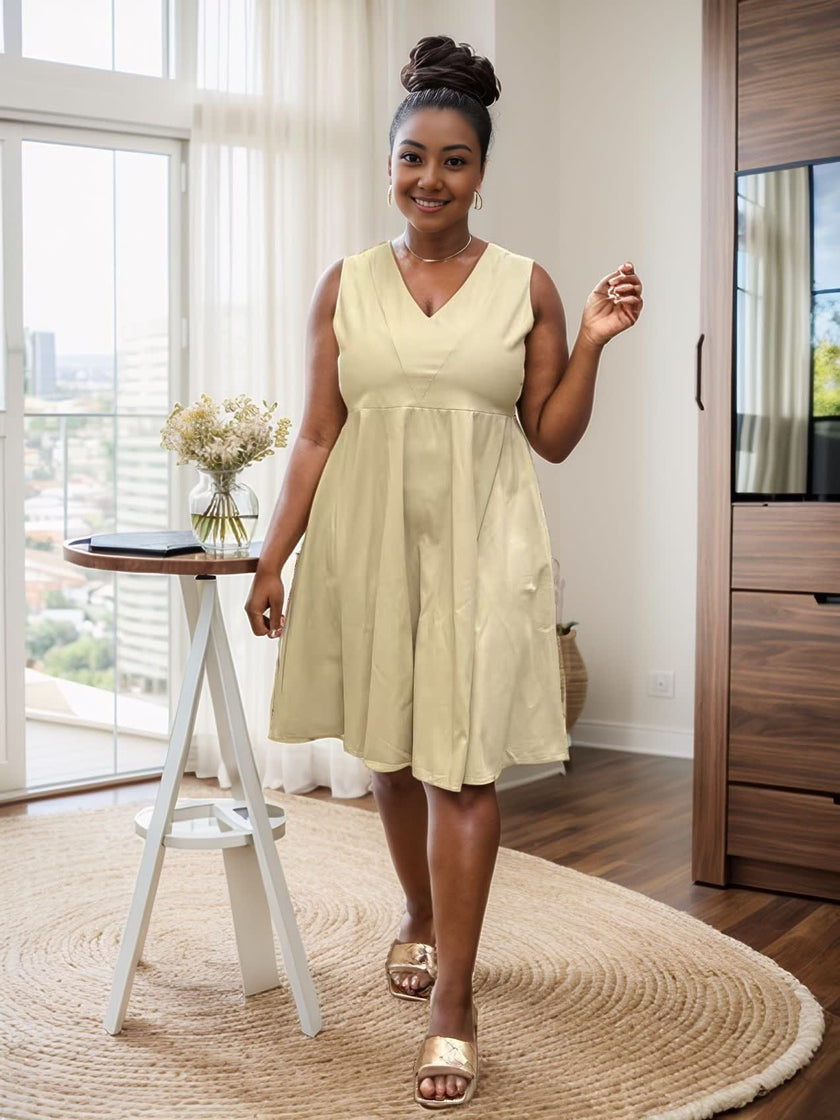 Beige sleeveless V-neck A-line midi dress with gathered waist