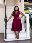 Maroon sleeveless V-neck A-line midi dress with gathered skirt