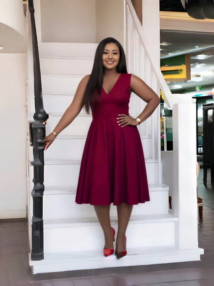 Maroon sleeveless V-neck A-line midi dress with gathered skirt