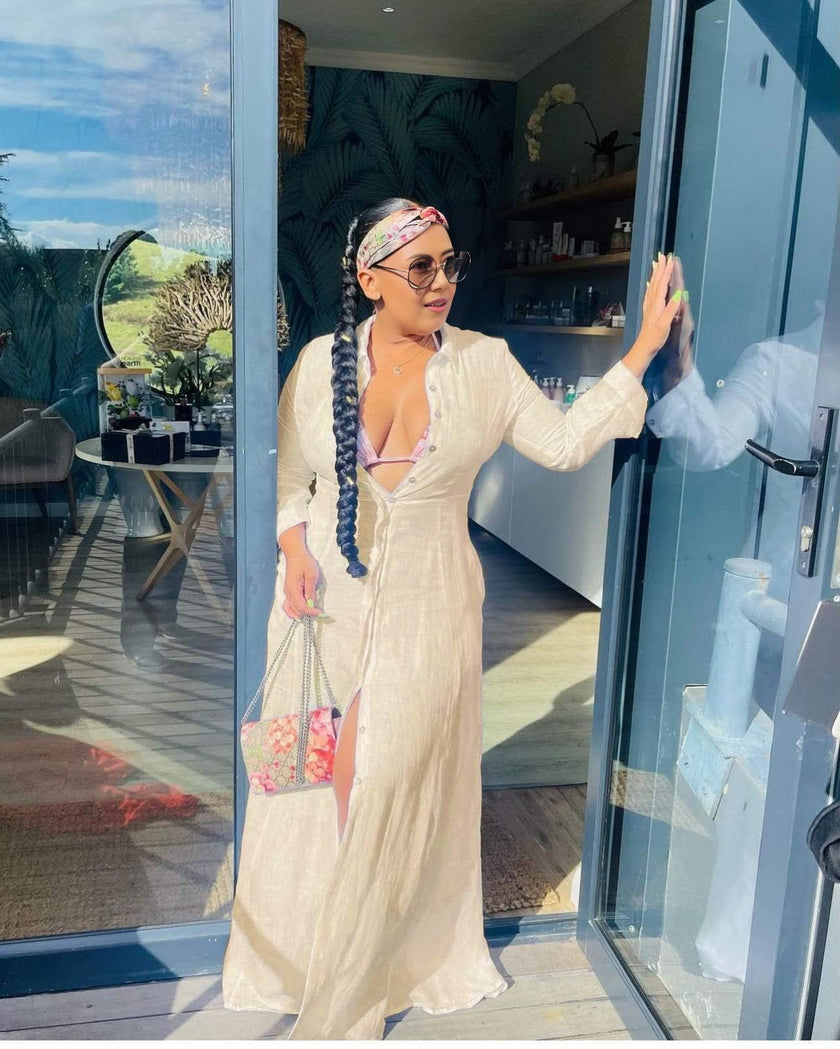 Beige maxi cardigan dress with V-neck, long sleeves and open front