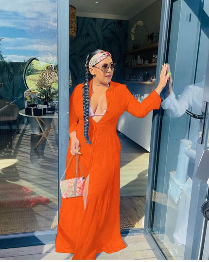 Orange-red maxi cardigan dress with V-neck, long sleeves and open front