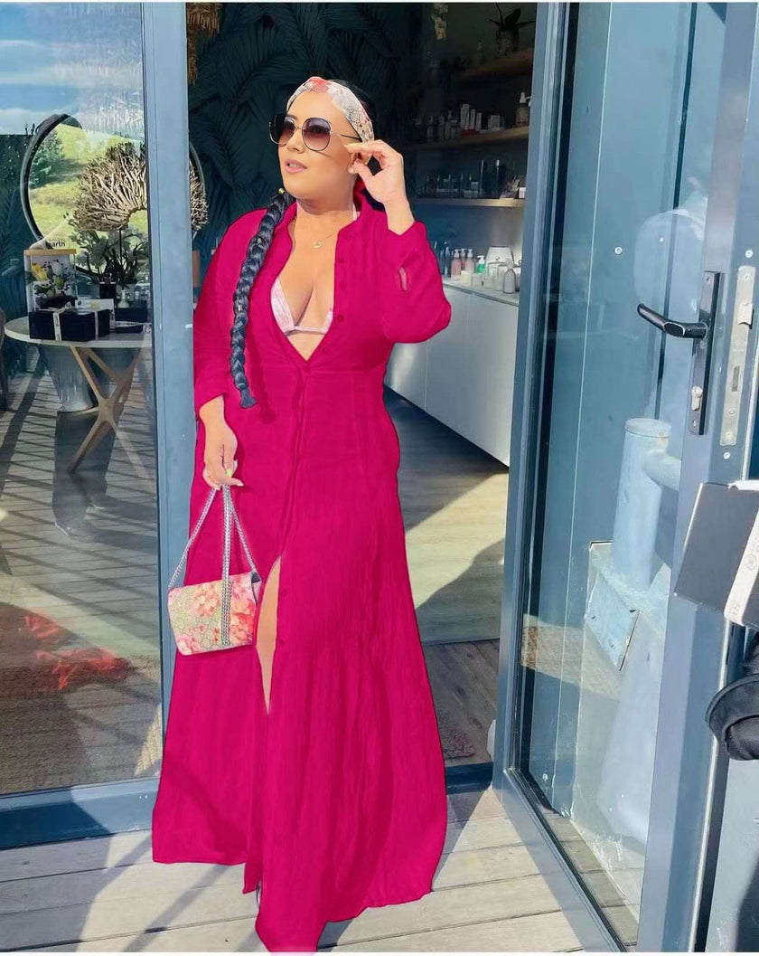 Rose-red maxi cardigan dress with V-neck, long sleeves and open front