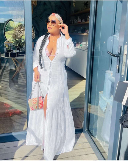 White maxi cardigan dress with V-neck, long sleeves and open front