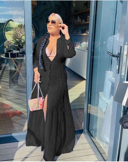 Black maxi cardigan dress with V-neck, long sleeves and open front