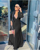 Black maxi cardigan dress with V-neck, long sleeves and open front