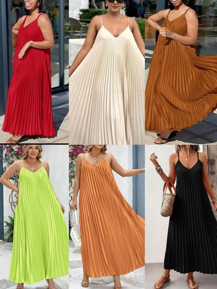 Pleated V-neck maxi dress with sleeveless design and flowing pleated skirt