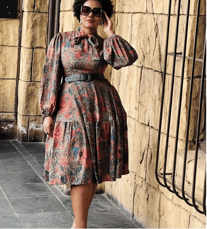 Abstract print midi dress with puff sleeves and waist belt, long sleeves